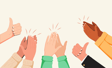 Human hands clapping. People crowd applaud to congratulate success job. Hand thumbs up. Business team cheering.