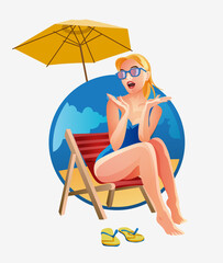 Woman lying on beach chair at beach. Female blonde in sunglasses emotionally surprised and posing having rest near sea. Relaxed girl at tropical resort. Circle stylish background. Vector isolated