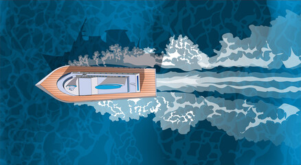 Tropical blue sea top view and Resort boat rides the waves, foam train. Summer horizontal banner travel water concept