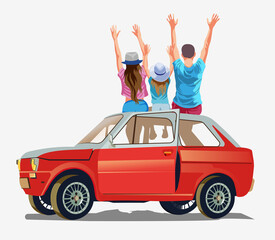 Happy Family Travel Together. Man Woman and child Sitting on Roof of Car with their hands. Vacation Escape, Trip. Isolated. Cartoon Flat Vector Illustration
