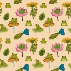 Seamless pattern of frogs on yellow background