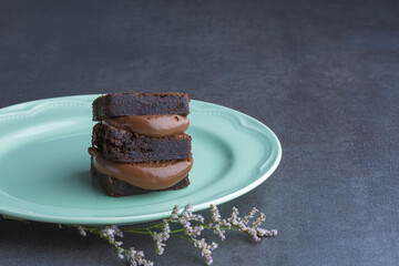 hazelnut cream brownie sandwich on a green plate