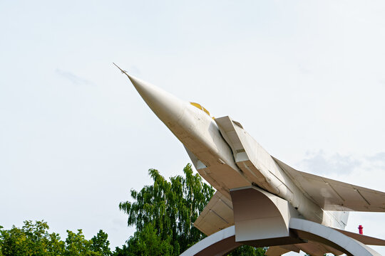 Perm, Russia - August 3, 2020: Monument to the MiG-31 fighter-interceptor. MiG on takeoff. Komsomolsky prospect