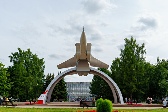 Perm, Russia - August 3, 2020: Monument to the MiG-31 fighter-interceptor. MiG on takeoff. Komsomolsky prospect