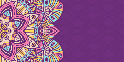 Horizontal mandala banner. Decorative flower mandala background with place for text. Color mandala on purple background. Arabic Islamic style. Pink, yellow, blue colors. Vector color illustration.