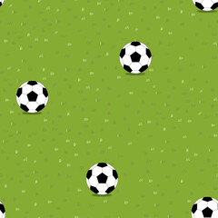 Naklejka premium Lawn grass seamless with football in summer field,Vector cartoon Soccer ball on nature green field texture,Pattern meadow in spring, Green grass on ground, Endless Natural abstract background