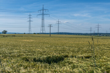 Strommasten einer Überlandleitung im Feld