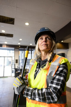 Portrait of construction worker in newly renovated cafe