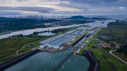 Beautiful aerial view of the Panama Canal and the Miraflores Locks