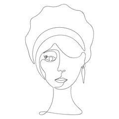 Woman's face in one line. Sketch. Vector illustration. There is a rim on the head. Earring in the ear. One line style. Short haircut. Abstract female portrait. The girl's head. 