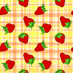 Strawberry seamless pattern on pastel checkwork background. Red berry repeating endless texture. Yummy boundless background. Vegan food surface pattern design. Editable tile for kitchen textile.