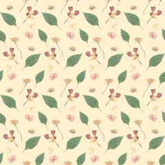 Seamless floral pattern of scanned dried flowers and leaves on a beige background.