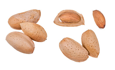 Almonds isolated on a white background, top view