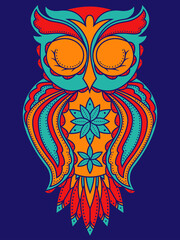 Amusing owl in turquoise, blue and pink colors