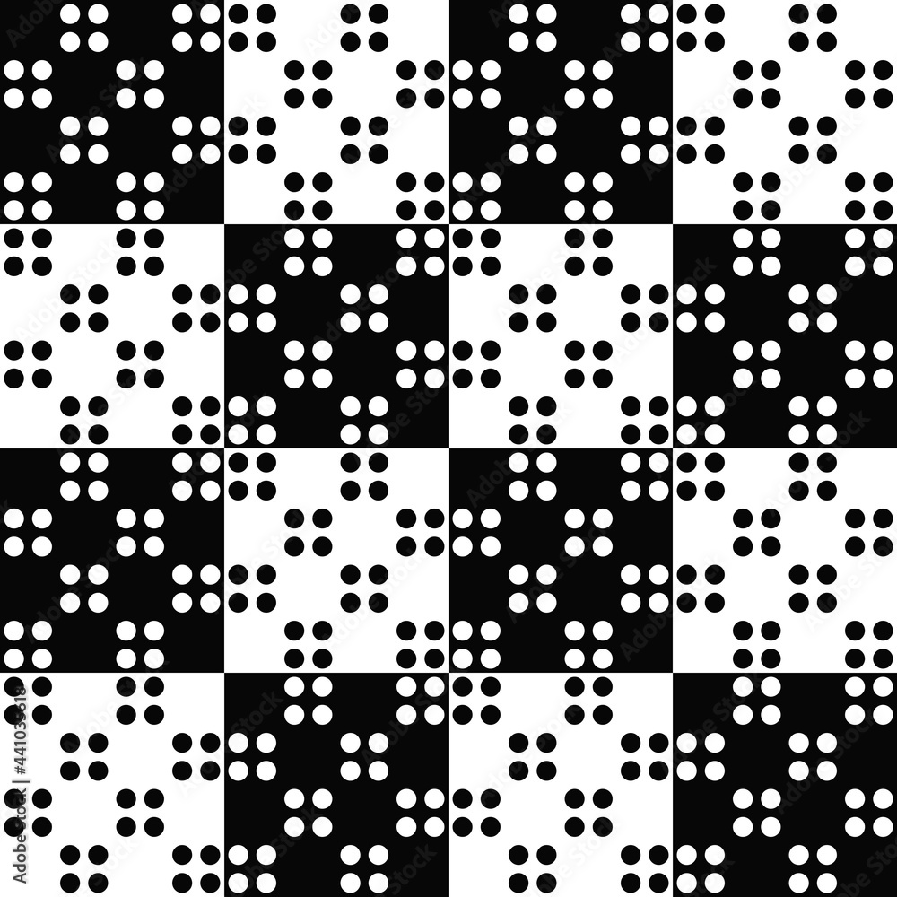 Poster checkered tiles with four dots. vector black and white tile with interesting ornament.