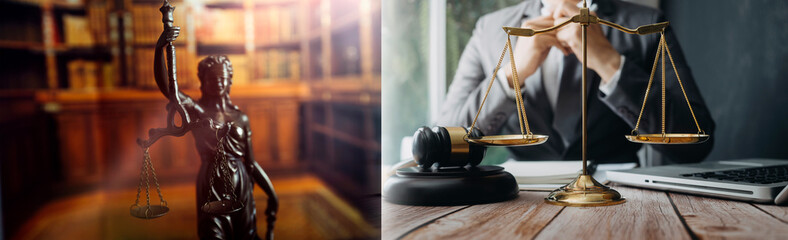 Business and lawyers discussing contract papers with brass scale on desk in office. Law, legal services, advice, justice and law concept picture with film grain effect