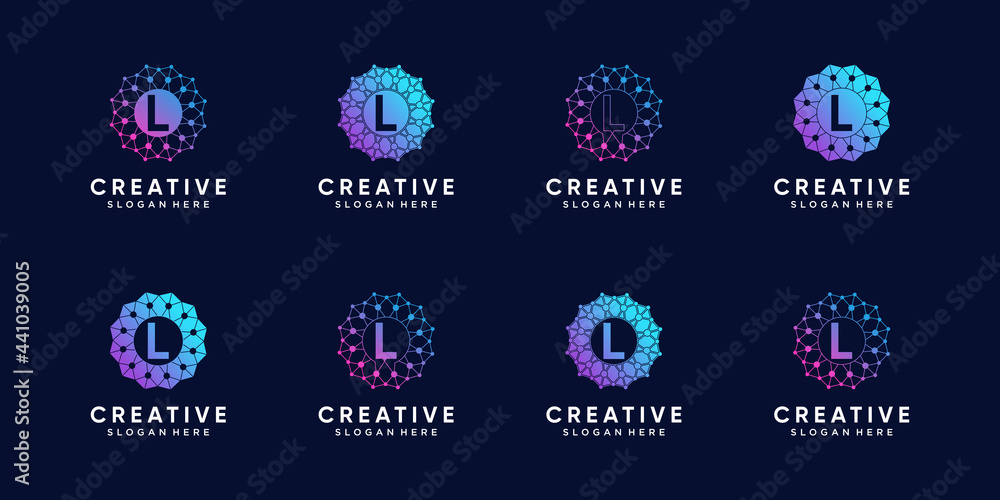 Fototapete set of monogram logo design for technology initial letter l with line art and dot style
