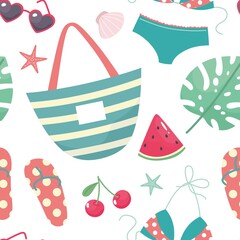 Summer seamless pattern with bikini, handbag, flip flops, watermelon, glasses, tropical leaf. Vector illustration.
