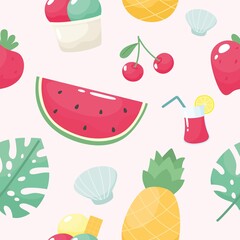 Cute summer seamless pattern with watermelon, cherry, strawberry, pineapple, seashells, ice cream, drink. Vector illustration.