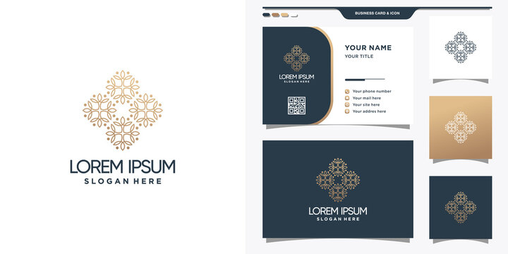 Floral logo with line art style and business card design Premium Vector