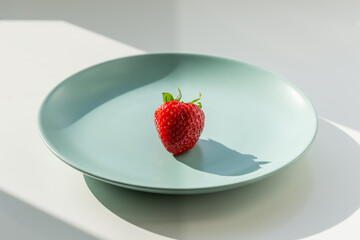 One fresh red ripe strawberry on the green plate. Healthy lifestyle concept.