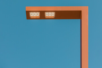 Rectangular outdoor street mast area lighting pole with LED lamps. Concept of modern lighting fixtures with copy space.