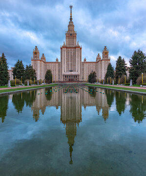 Moscow, Russia - May, 05, 2021: The main building of Lomonosov Moscow State University in Moscow, Russia