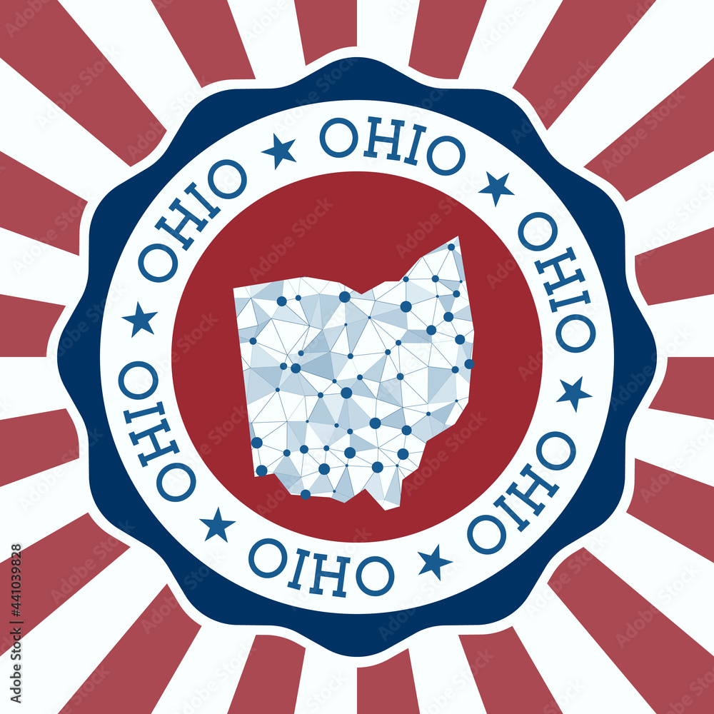 Poster ohio badge. round logo of us state with triangular mesh map and radial rays. eps10 vector.
