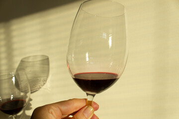 Glass with red wine into woman hand on sun light background wine testing concept