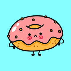Cute funny donut character. Vector hand drawn cartoon kawaii character illustration icon. Isolated on blue background. Donut character concept