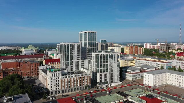 Business center of the city of Ufa, business center, hotel, gostiny dvor. Aerovideo 4k