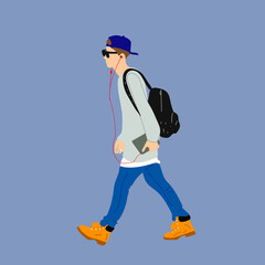 Vector illustration of Kpop street fashion. Street idols of Koreans. Kpop male idol fashion. A guy in blue jeans and a gray sweatshirt, a backpack on his back.	
