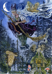 Baba Yaga the witch from Slavic folklore. She lives in the forest in a hut on chicken leg and flies in a mortar covering her tracks with a broom. Watercolor illustration. Moon, owls, mushrooms, woods.