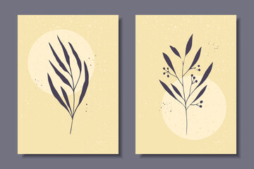 Minimalistic posters with plants. Vector illustration on a yellow background.