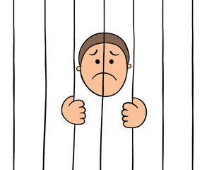 Cartoon prisoner holding prison bars, vector illustration