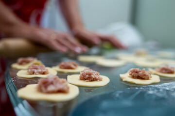 Obraz na płótnie Canvas the process of making homemade dumplings in the kitchen