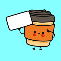 Cute funny coffee with poster. Vector hand drawn cartoon kawaii character illustration icon. Isolated on blue background. Coffee think concept