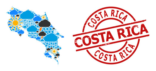 Weather collage map of Costa Rica, and distress red round badge. Geographic vector collage map of Costa Rica is organized with scattered rain, cloud, sun, thunderstorm icons.