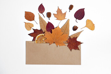 Autumn composition of craft vintage envelope with different dried leaves on white background. Autumn, fall concept, Flat lay, top view.