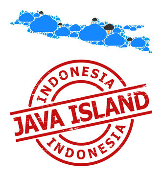 Weather collage map of Java Island, and distress red round badge. Geographic vector concept map of Java Island is constructed with random rain, cloud, sun, thunderstorm symbols.