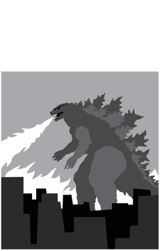 Old movies. A horrible huge monster destroys the city. Vector image for prints, poster and illustrations.