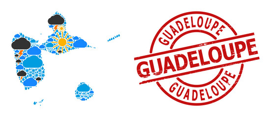 Climate collage map of Guadeloupe, and grunge red round stamp seal. Geographic vector collage map of Guadeloupe is organized with scattered rain, cloud, sun, thunderstorm.