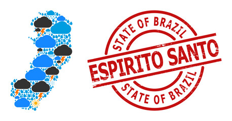 Climate mosaic map of Espirito Santo State, and rubber red round stamp seal. Geographic vector mosaic map of Espirito Santo State is created with randomized rain, cloud, sun, thunderstorm icons.