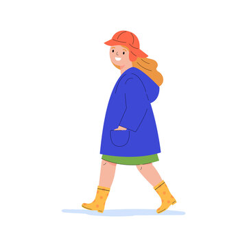 The girl walks in the rain. Happy child in a blue raincoat and gumboots. Girl in a rain hat. Flat vector cartoon illustration isolated on white background.