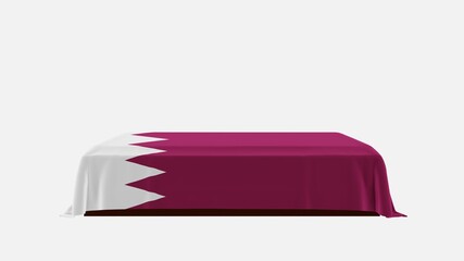 Side View of a Casket on a White Background covered with the Country Flag of Qatar