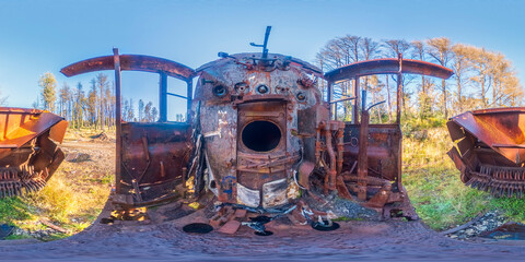 Fototapeta na wymiar Spherical panoramic photograph of the inside of an old train locomotive