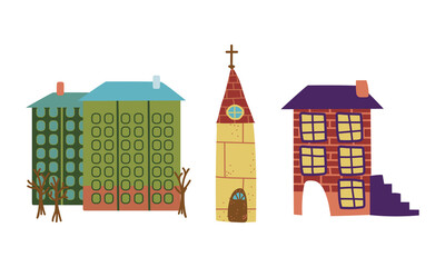 Naklejka premium House Building and Church as City Street Element Vector Set