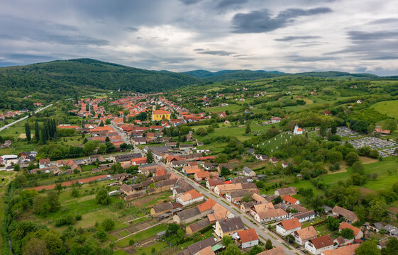 Aerial panoramic cityscape about Mecseknadasd, Hungary. Mecsek Mountains at the background.