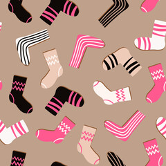 Seamless pattern with modern colorful socks. Trendy accessories in doodle style. Various cotton foot cloth. Cartoon socks for web and print, for invitation, card, fabric, textile. Vector illustration