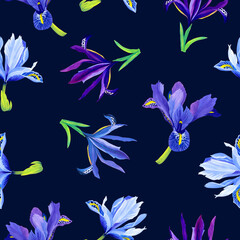 Seamless pattern of iris flowers on a dark background